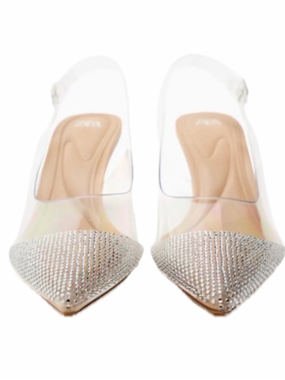 Zara Clear Vinyl Rhinestone Pointed Toe Slingback Kitten Heels US 8 NWT - Picture 2 of 12